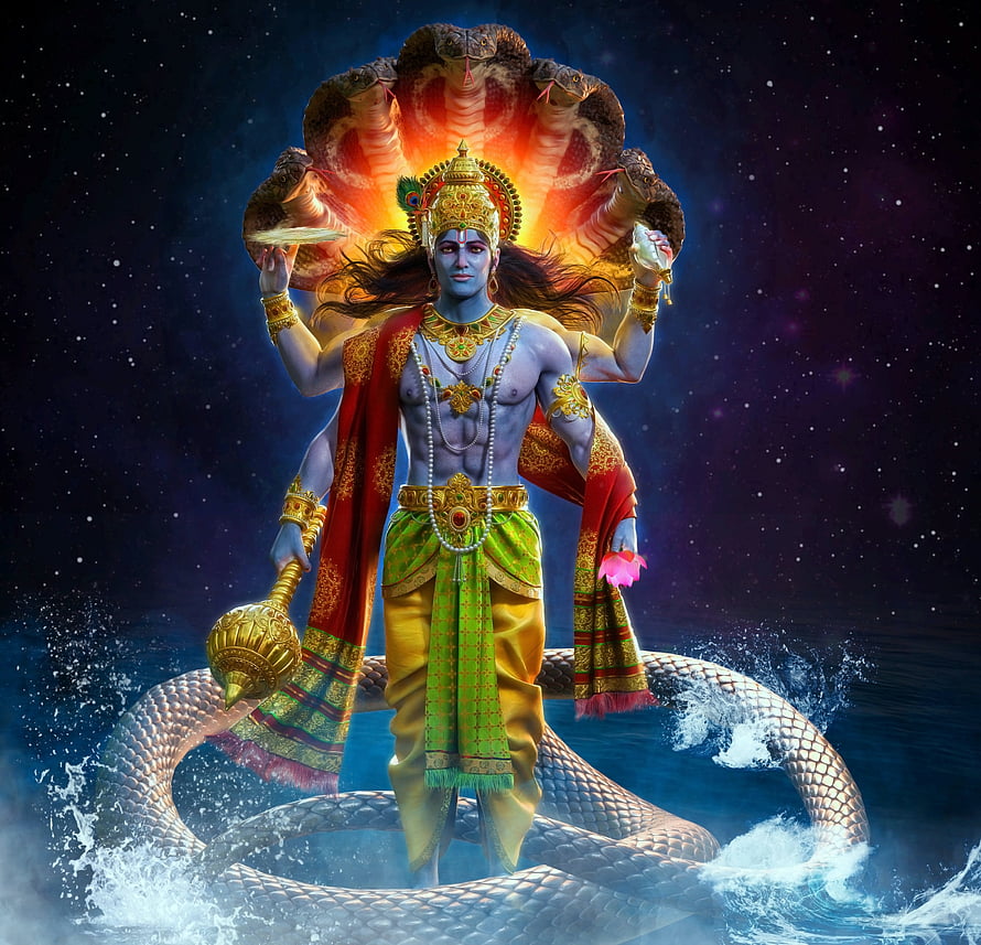 Lord Shiva Standing on Cosmic Serpent with Multi-Headed Cobra Hood and Trident HD wallpaper