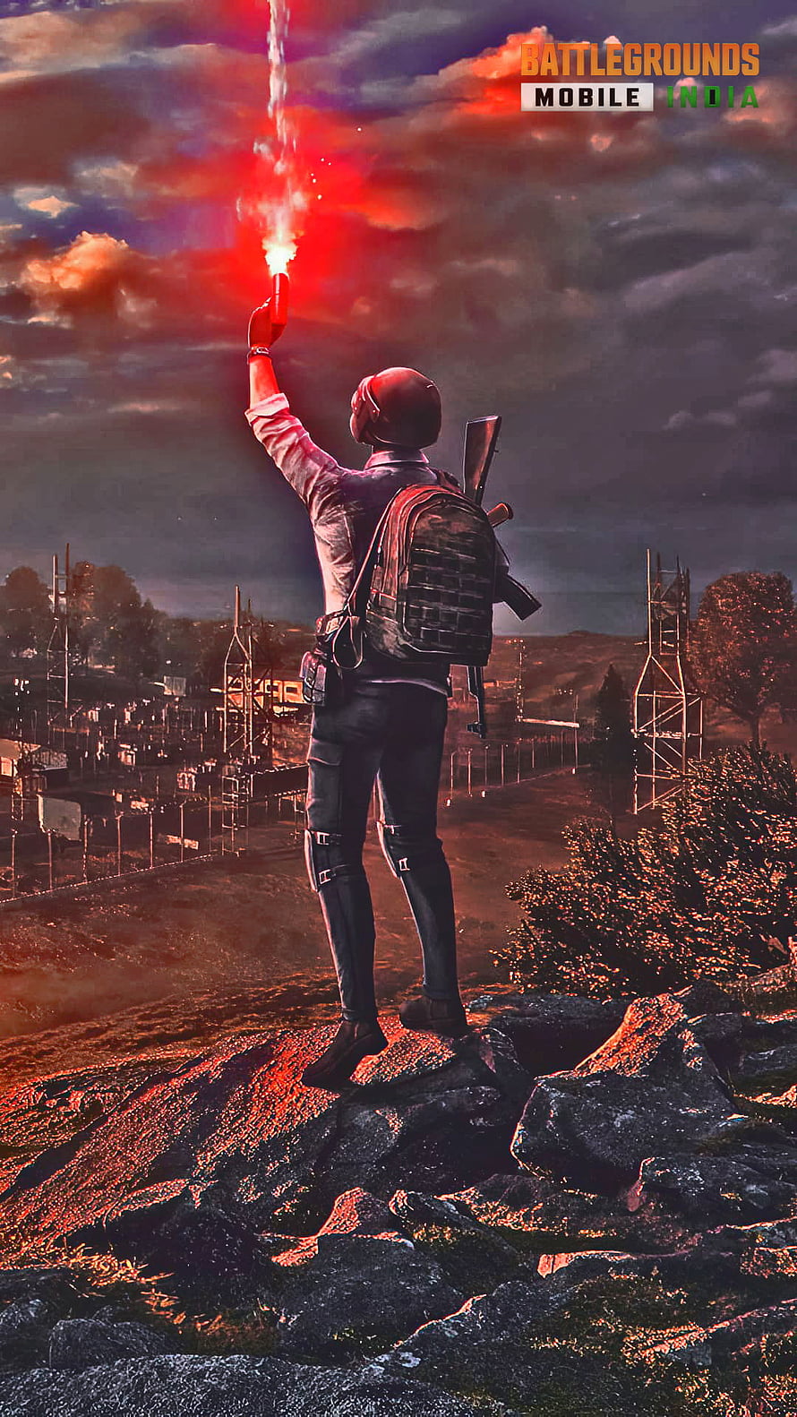 PUBG Mobile India Character Holding Red Flare on Rocky Cliff at Sunset HD phone wallpaper