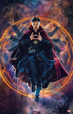 Doctor Strange performing mystical hand gestures with glowing orange magic circles and cosmic energy background HD phone wallpaper