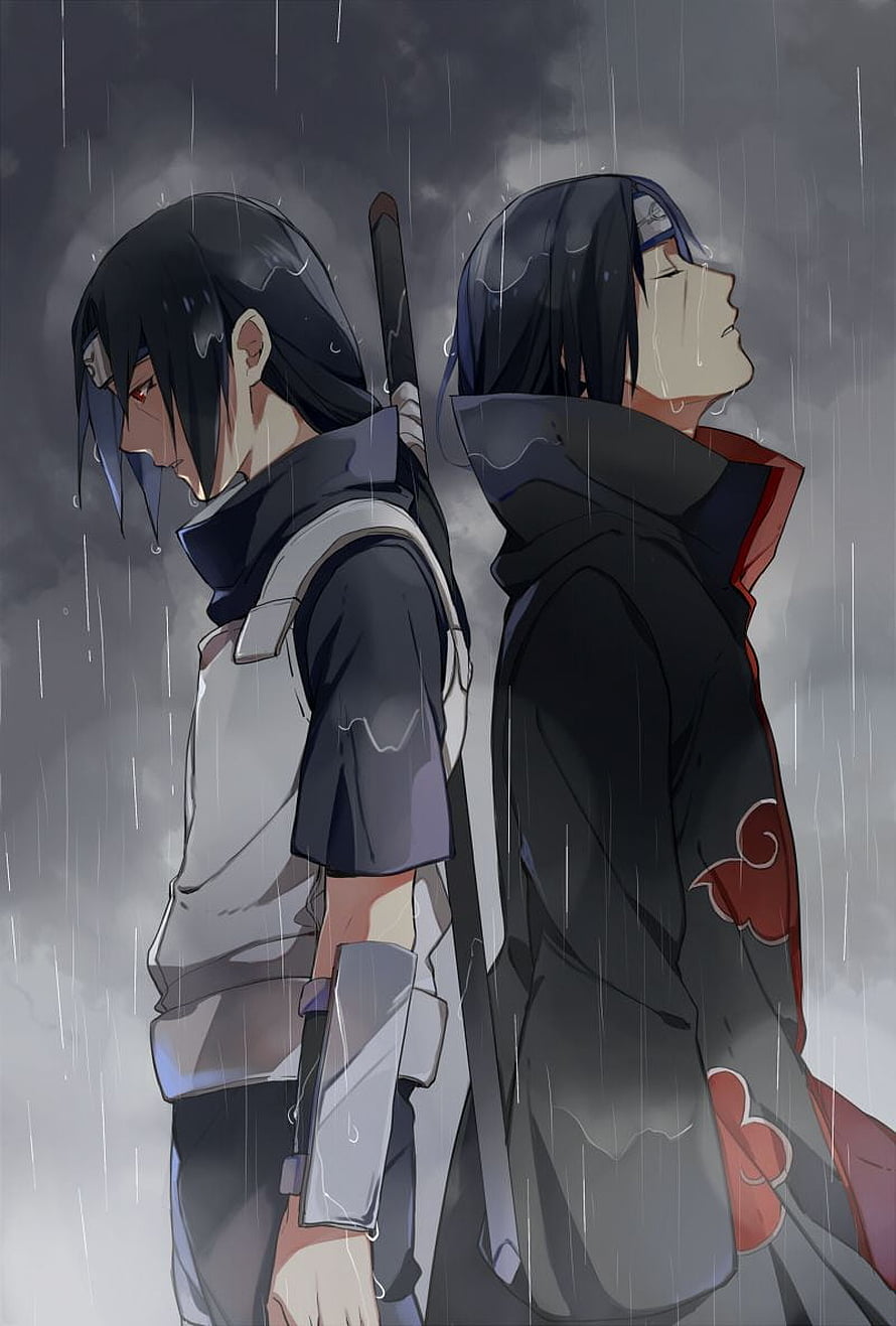 Itachi and Sasuke Uchiha Standing Back to Back in the Rain Anime Wallpaper HD phone wallpaper