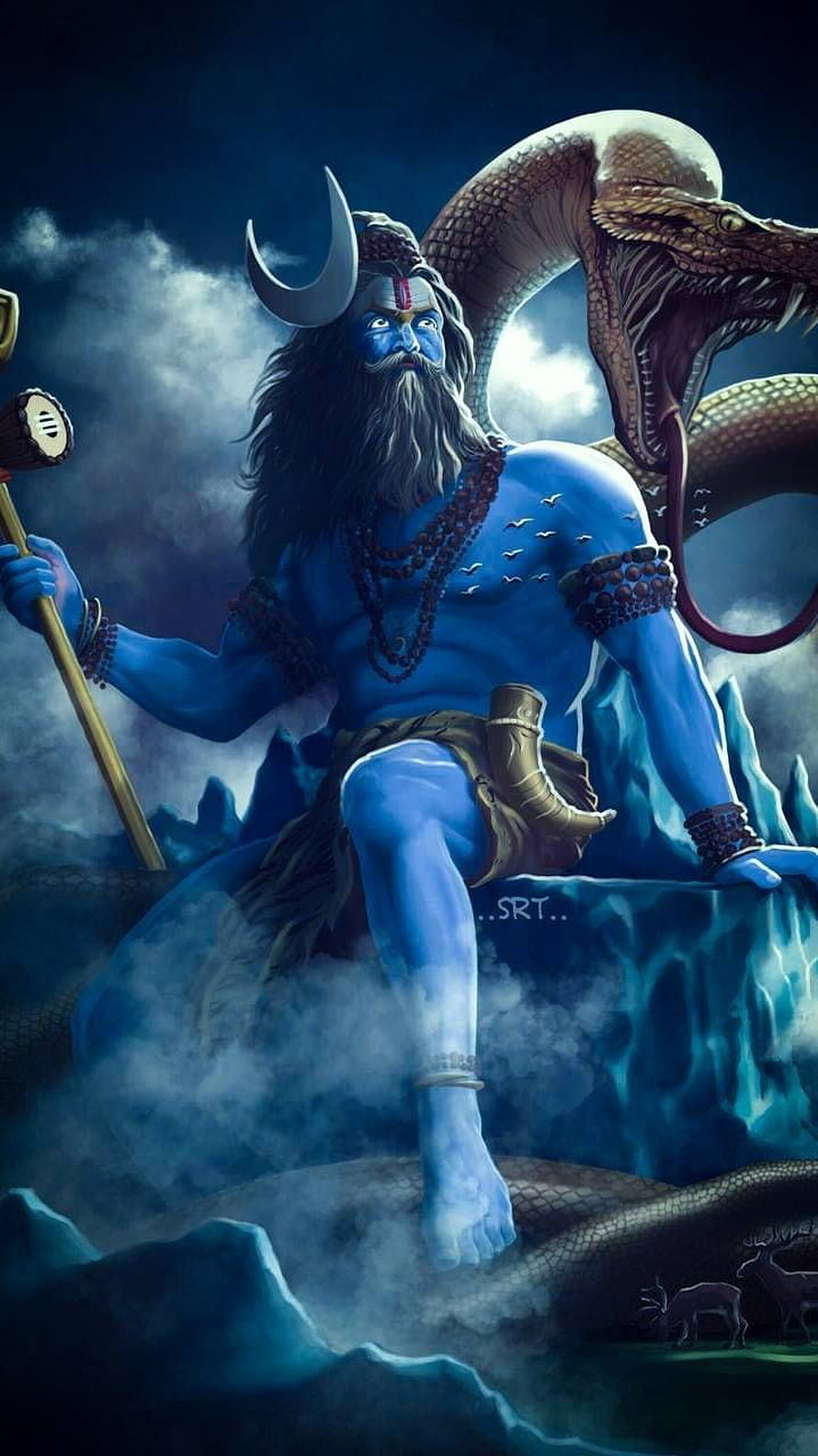 Lord Shiva Sitting on Mount Kailash with Crescent Moon and Cobra HD phone wallpaper