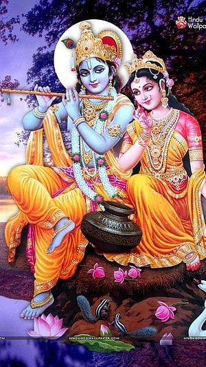 Radha Krishna Playing Flute with Pot and Lotus Flowers in Traditional Indian Art HD phone wallpaper