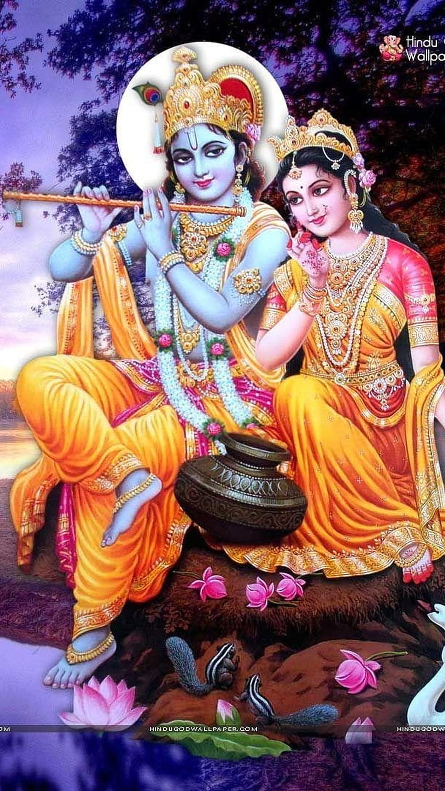 Radha Krishna Playing Flute with Pot and Lotus Flowers in Traditional Indian Art HD phone wallpaper