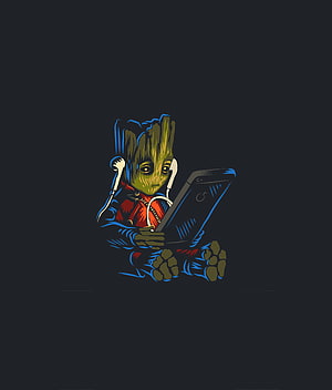 Baby Groot Listening to Music on Smartphone Illustration HD phone wallpaper