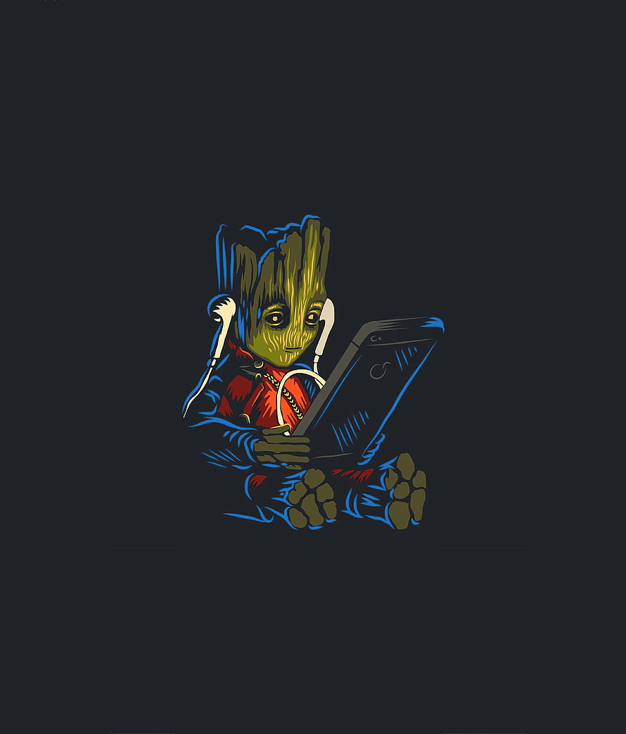 Baby Groot Listening to Music on Smartphone Illustration HD phone wallpaper