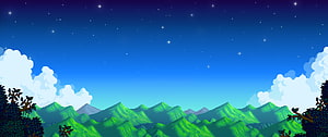 Stardew Valley Nighttime Mountain Landscape with Starry Sky and Pixel Art Clouds HD wallpaper