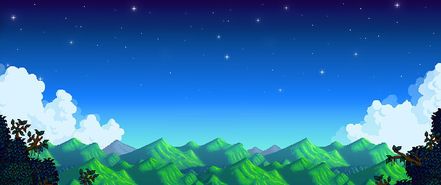 Stardew Valley Nighttime Mountain Landscape with Starry Sky and Pixel Art Clouds HD wallpaper