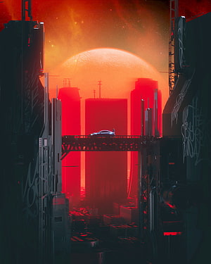 Futuristic Cyberpunk Cityscape with Red Planet and Neon Skyline HD phone wallpaper