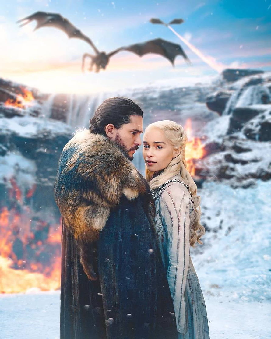Jon Snow and Daenerys Targaryen in Snowy Battle Scene with Dragon from Game of Thrones HD phone wallpaper