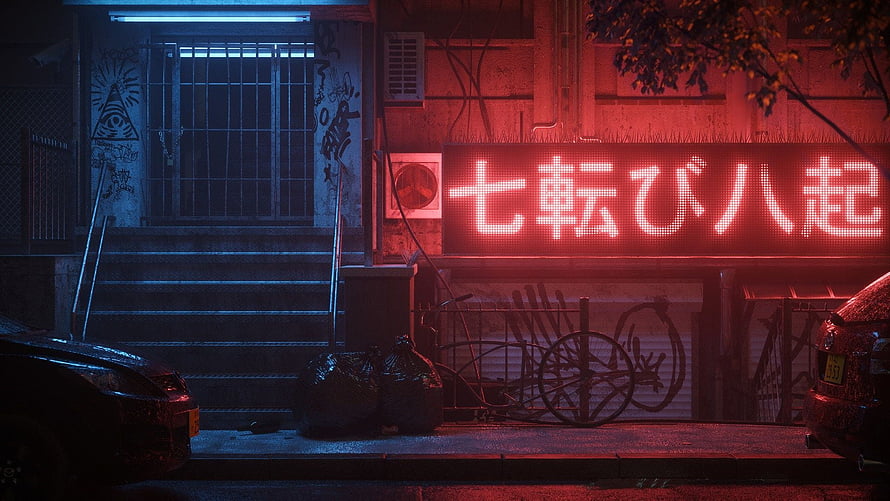 Cyberpunk Japanese Street Scene with Red Neon Sign and Blue Alleyway HD wallpaper