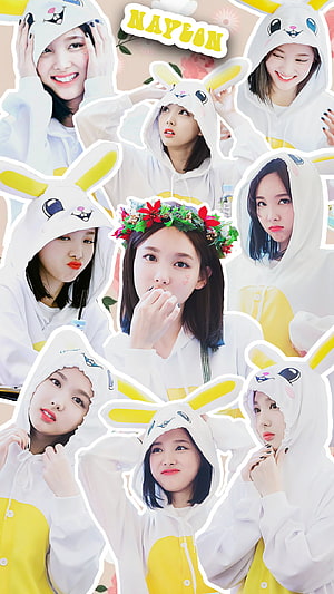 Nayeon from TWICE in a white and yellow bunny hooded onesie with a floral crown HD phone wallpaper