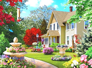Charming Yellow Cottage Garden With Vibrant Flowers, Birds, And Butterflies In Summer HD wallpaper