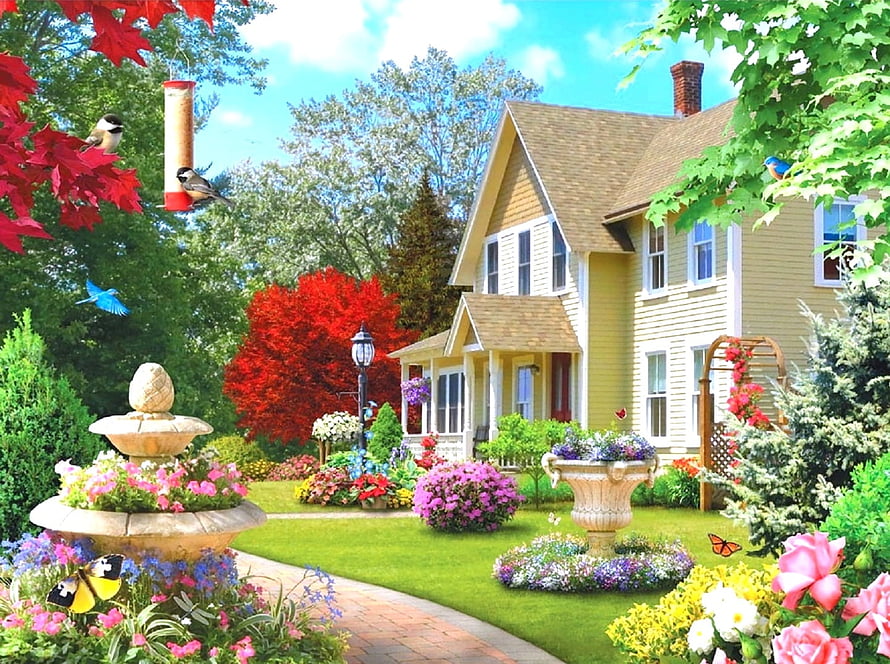 Charming Yellow Cottage Garden With Vibrant Flowers, Birds, And Butterflies In Summer HD wallpaper