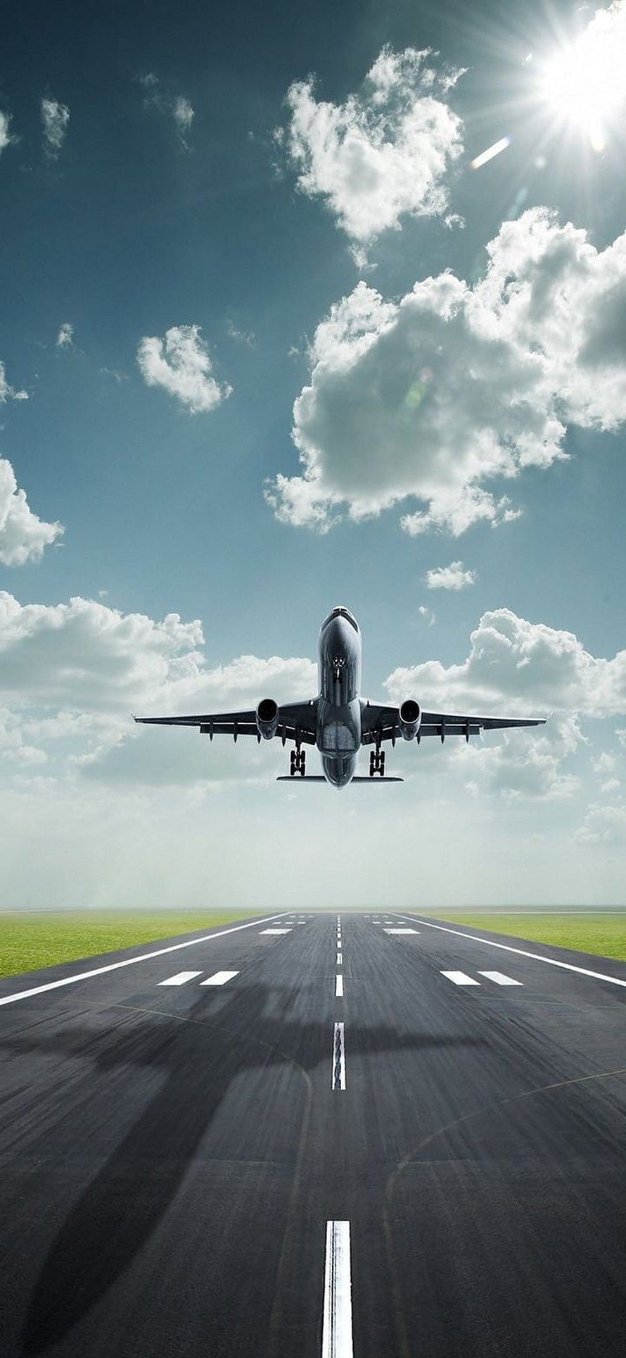 Commercial Jet Aircraft Taking Off From Runway Under Bright Blue Sky HD phone wallpaper