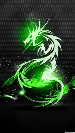 Glowing Green Dragon Tribal Art on Dark Textured Background HD phone wallpaper