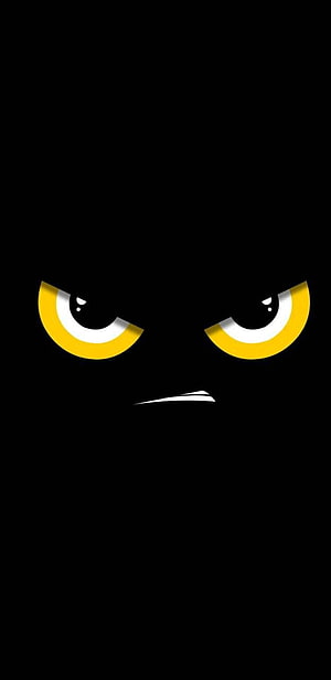 Minimalist Angry Cartoon Face with Glowing Yellow Eyes on Black Background HD phone wallpaper