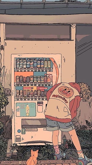 Hand-drawn illustration of a person in a red hoodie at a Japanese vending machine with a cat HD phone wallpaper