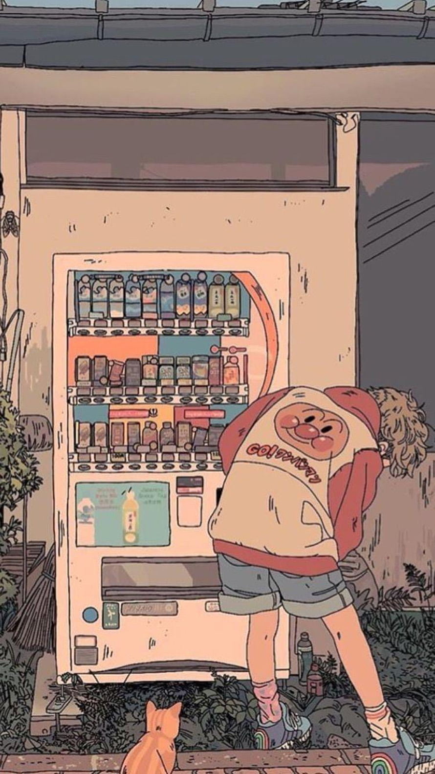 Hand-drawn illustration of a person in a red hoodie at a Japanese vending machine with a cat HD phone wallpaper