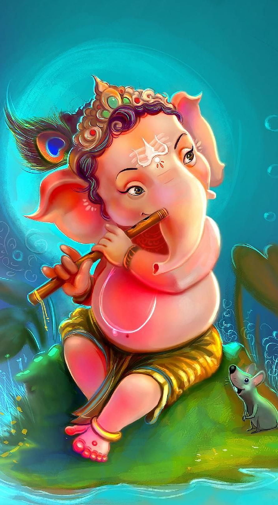 Cute Baby Ganesha Playing Flute With Mouse Companion Digital Art Wallpaper HD phone wallpaper