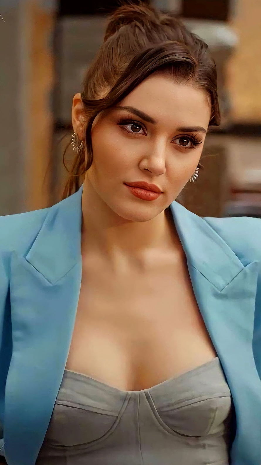 Woman in Blue Blazer and Grey Bustier Top Portrait, Hande ercel, turkish actress HD phone wallpaper