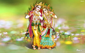 Radha Krishna playing flute in a vibrant flower garden with a cow HD wallpaper