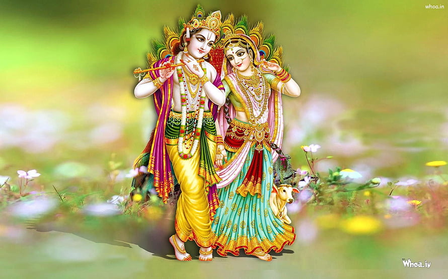 Radha Krishna playing flute in a vibrant flower garden with a cow HD wallpaper