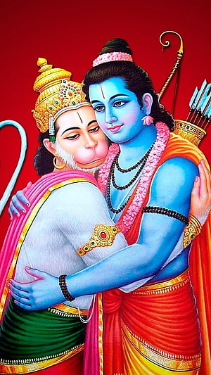 Emotional Portrait of Lord Rama and Hanuman Embracing in Traditional Indian Art Style, Hanuman, Jay Shree Ram HD phone wallpaper