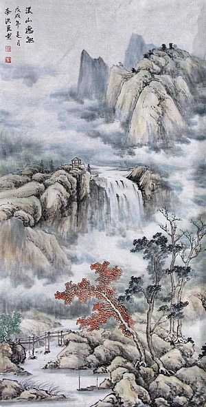 Traditional Chinese Ink Wash Landscape with Misty Mountains and Waterfall HD phone wallpaper