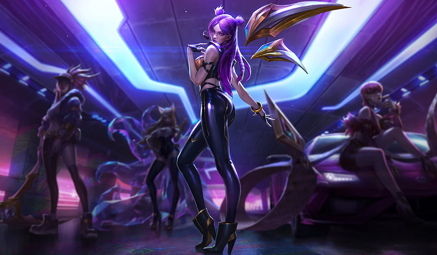 Kai'Sa in K/DA Style with Purple Hair and Golden Wings in a Neon Futuristic Setting HD wallpaper