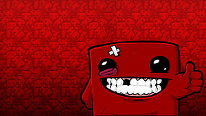 Red Cartoon Character with Bandage and Grin on Patterned Background HD wallpaper