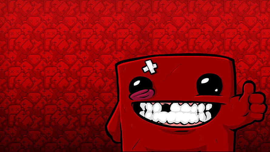 Red Cartoon Character with Bandage and Grin on Patterned Background HD wallpaper
