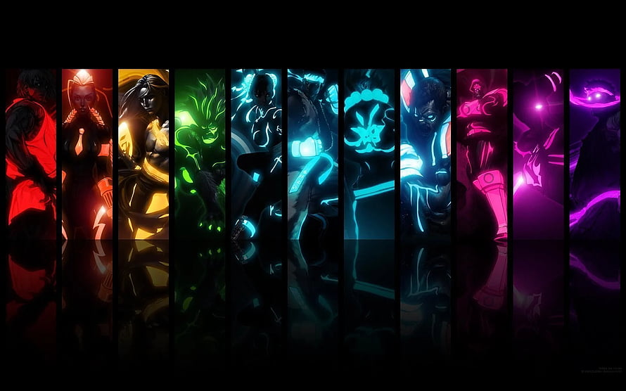 Neon Spectrum Anime Character Lineup with Vibrant Color Palette HD wallpaper