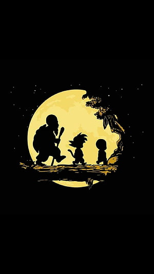 Silhouette of Master Roshi, Goku, and Krillin Walking Under a Giant Moon HD phone wallpaper