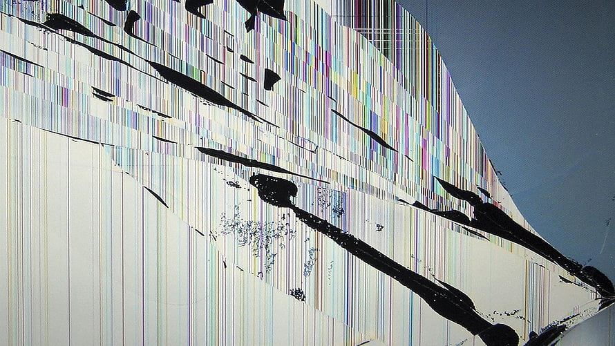 Abstract Glitch Art with Vertical Color Stripes and Black Ink Splatters on White Background HD wallpaper