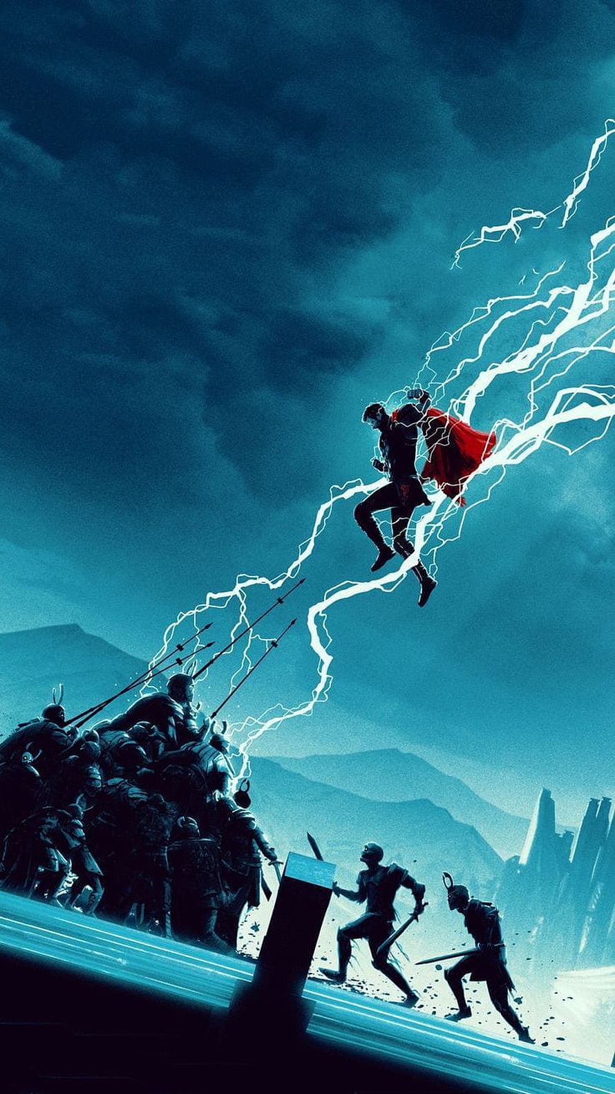 Thor wielding lightning against an army of warriors in a dramatic blue cinematic battle scene HD phone wallpaper