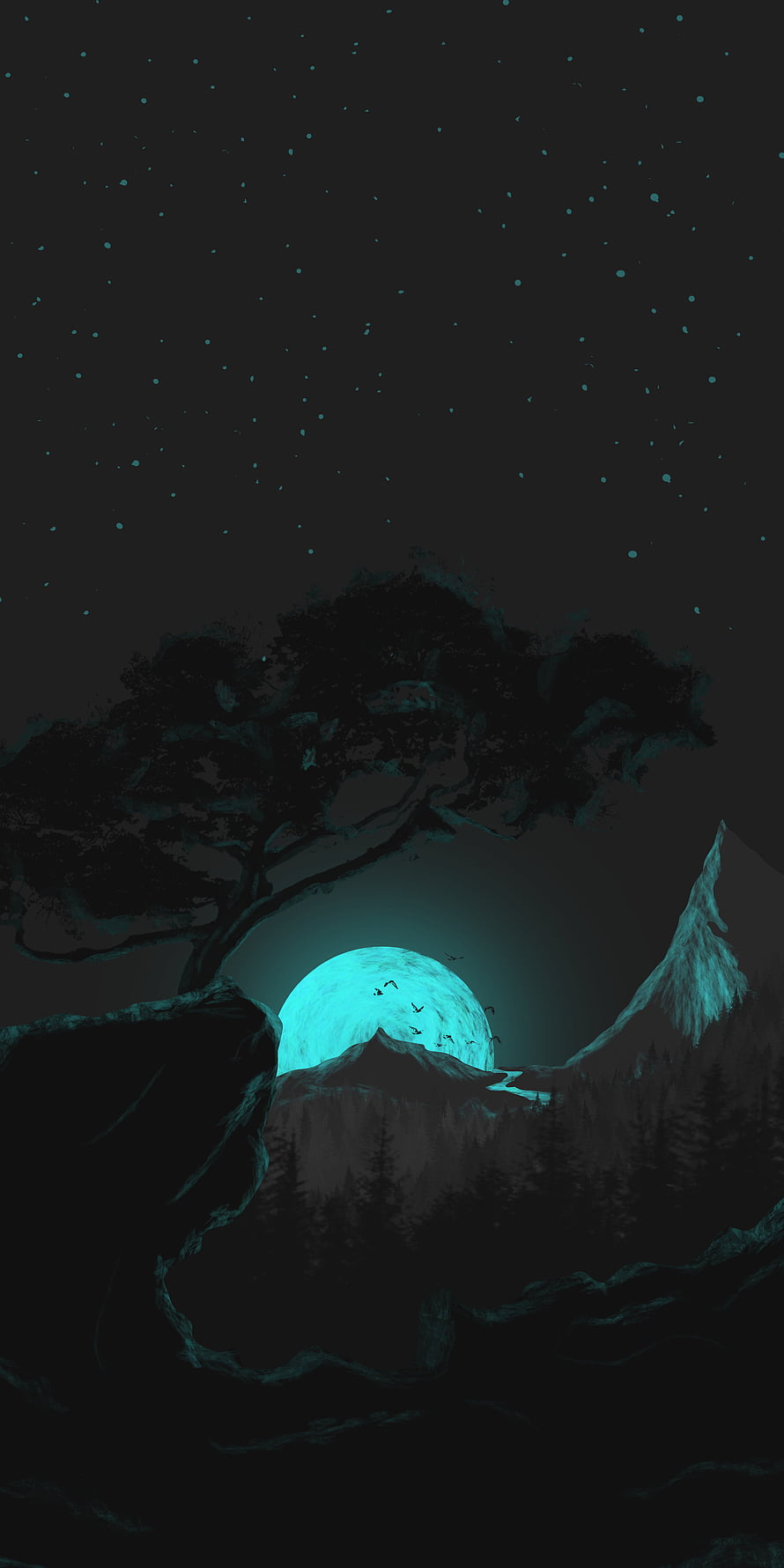 Mystical Night Landscape With Giant Moon And Silhouetted Pine Tree HD phone wallpaper