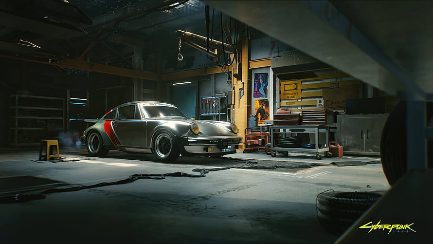 Classic Porsche 911 in a dimly lit Cyberpunk 2077 garage workshop scene HD wallpaper