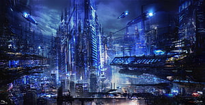 Futuristic Cyberpunk Cityscape with Neon Skyscrapers and Flying Vehicles HD wallpaper