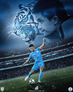 Sunil Chhetri in Blue Jersey with Tiger Graphic and Stadium Crowd Background HD phone wallpaper