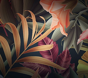 Dark Tropical Botanical Illustration with Coral Bloom and Golden Foliage HD wallpaper