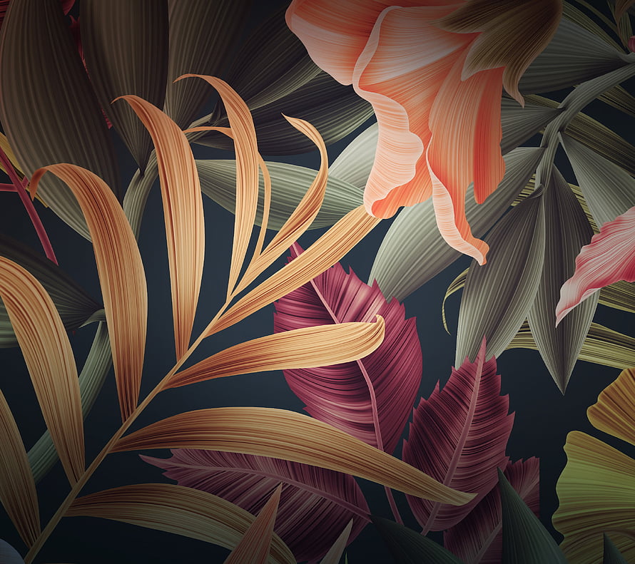 Dark Tropical Botanical Illustration with Coral Bloom and Golden Foliage HD wallpaper