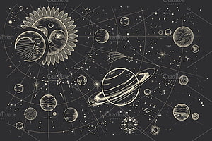 Vintage Celestial Space Illustration With Sun Moon And Planets HD wallpaper