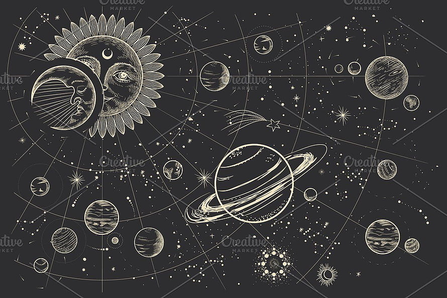 Vintage Celestial Space Illustration With Sun Moon And Planets HD wallpaper