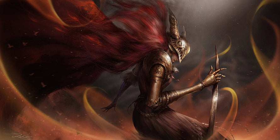 Malenia from Elden Ring in ornate armor with flowing red cape and curved blade HD wallpaper