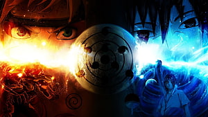 Naruto and Sasuke Rivalry with Rinnegan and Uchiha Clan Symbols HD wallpaper