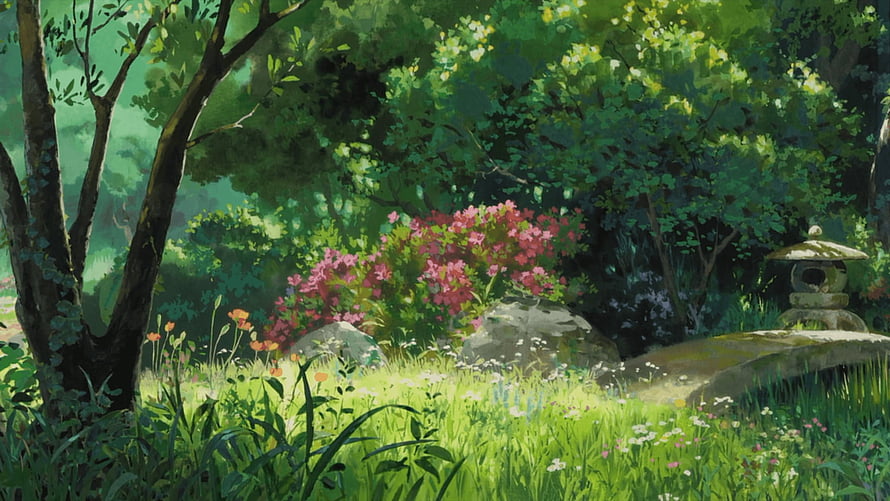 Studio Ghibli Style Garden Scenery With Stone Lantern And Blooming Flowers HD wallpaper