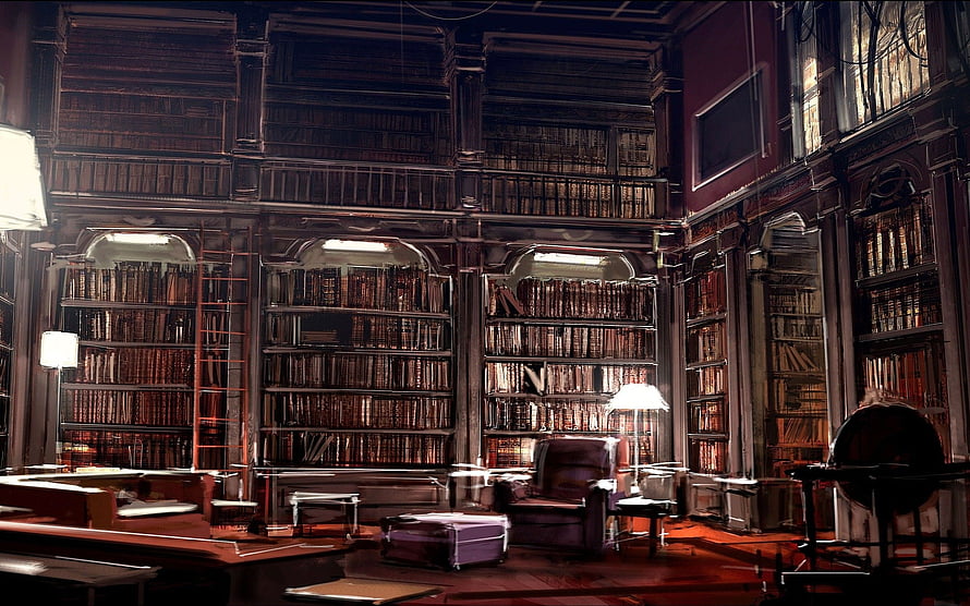 Grand Antique Library Interior With Tall Bookshelves And Leather Armchair HD wallpaper