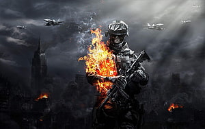 Flaming Soldier With Skull Mask In War-Torn City With Fighter Jets HD wallpaper
