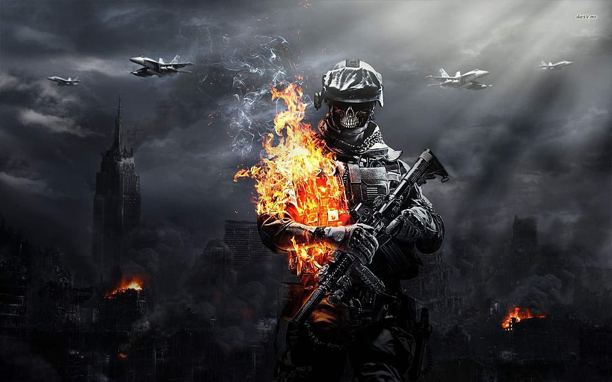 Flaming Soldier With Skull Mask In War-Torn City With Fighter Jets HD wallpaper