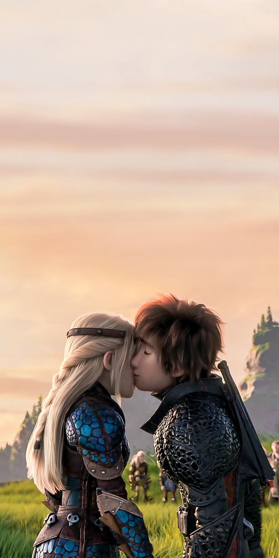 Hiccup and Astrid sharing a tender kiss at sunset in How to Train Your Dragon HD phone wallpaper
